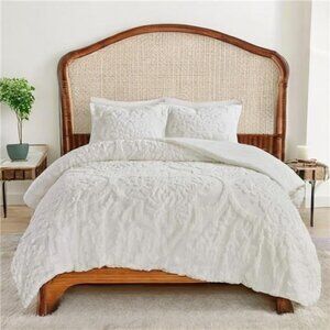 NEW Anthro White Queen / King Chenille Damask Duvet Bedspread Blanket & Sham Set